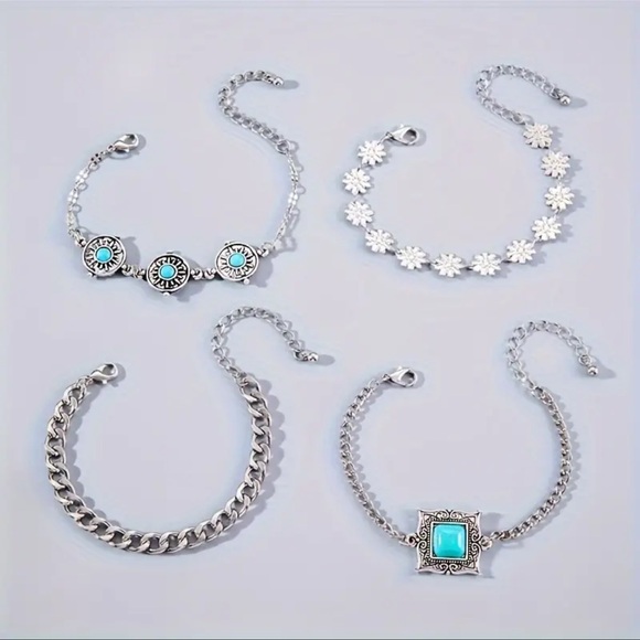 Vintage Boho 4-Piece Bracelet Set, Turquoise Inlay, Cuban Chain - Picture 4 of 5